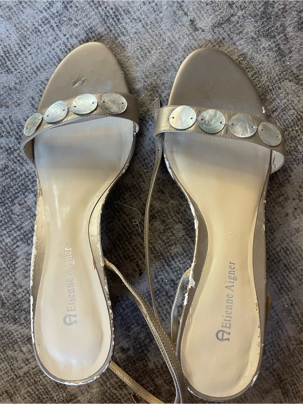 Etienne Aigner Metallic Gray Slingback Slide Sandals with Disc Accents